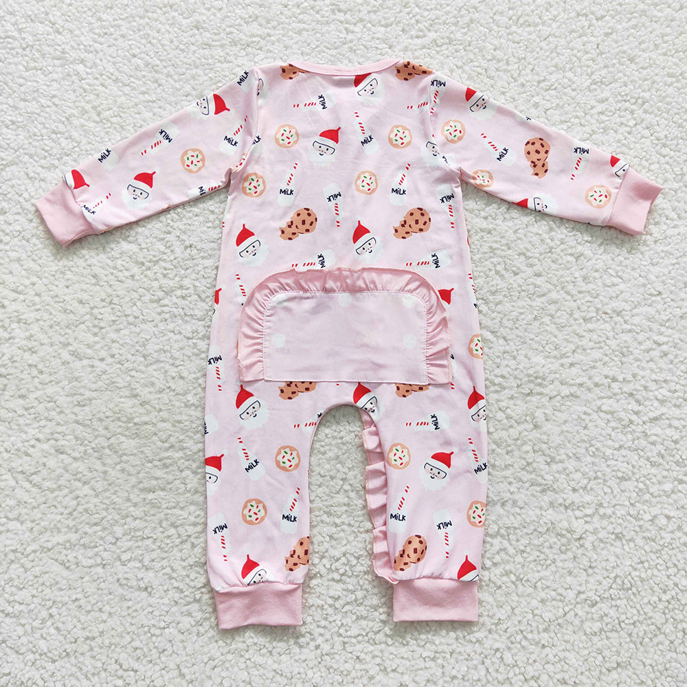 Christmas girl long sleeve Santa Claus cookie milk zip romper