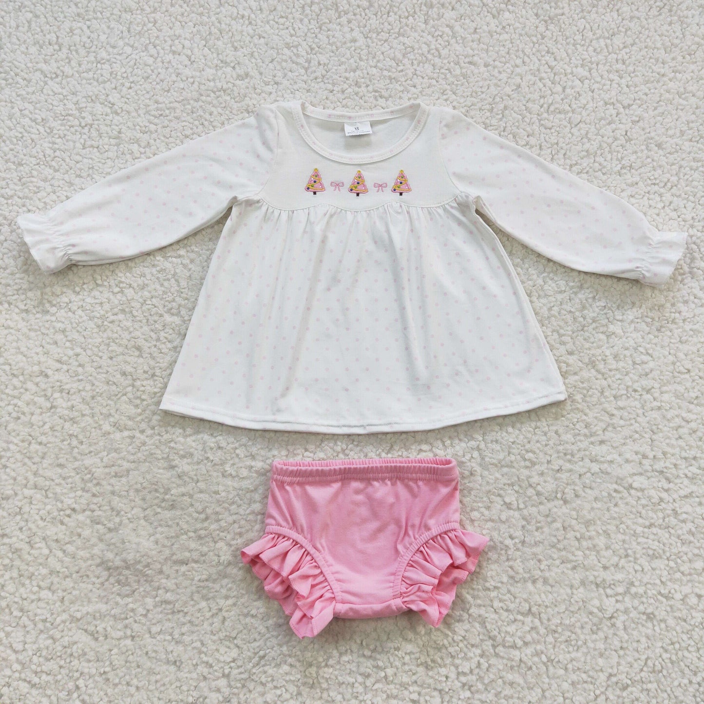 wholesale price long sleeve embroidery Christmas tree top bummies set