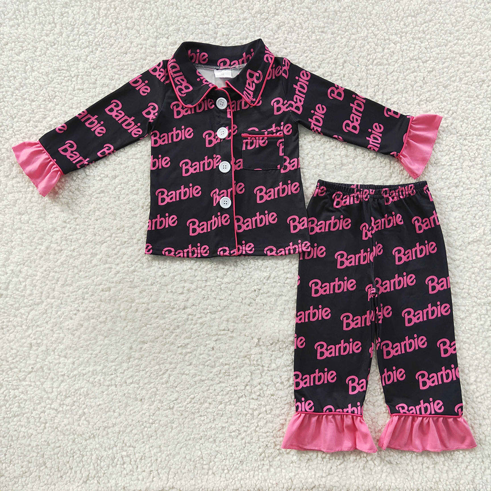pink doll long sleeve button up pajama set wholesale girls clothes set