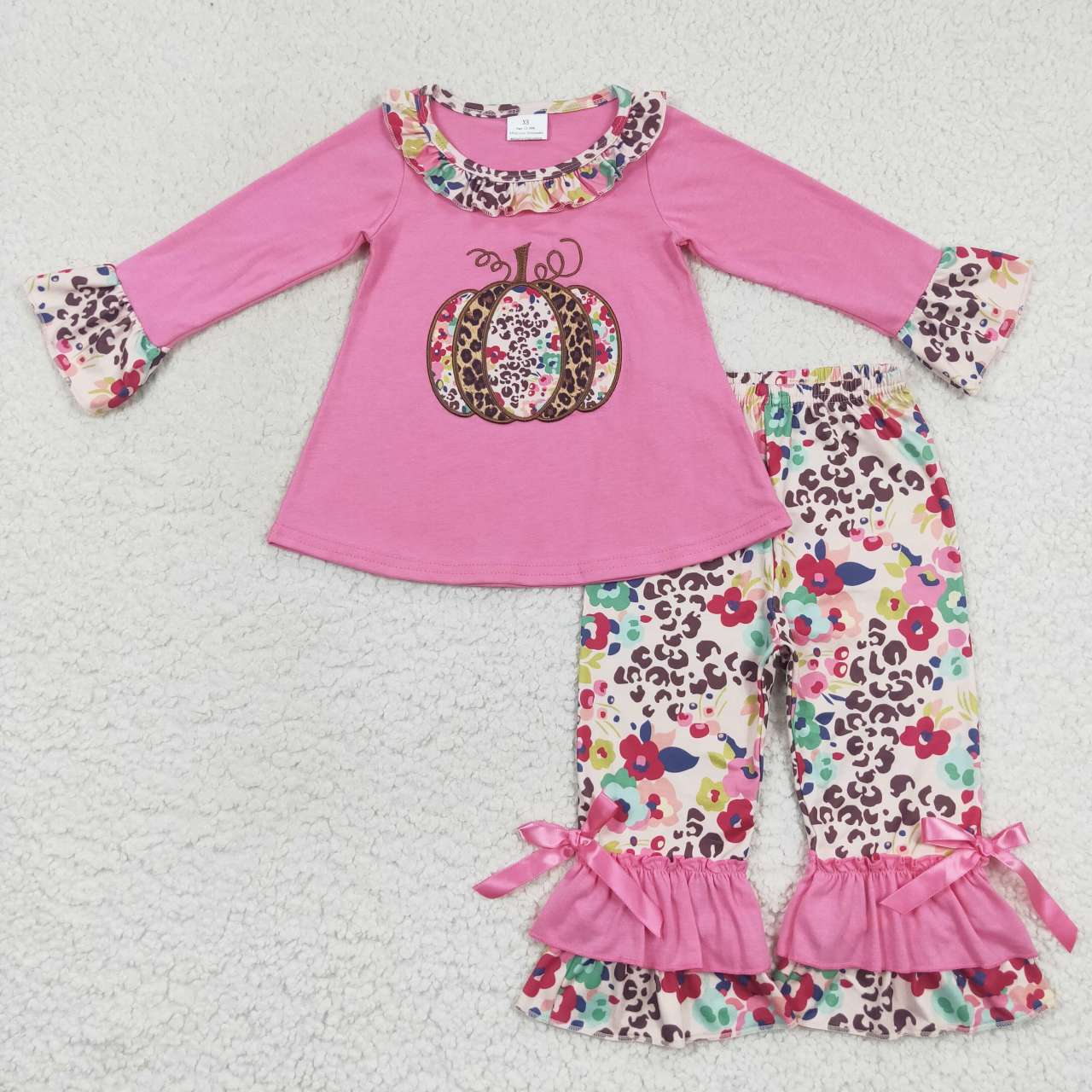 girls Embroidery cheetah pumpkin clothes set