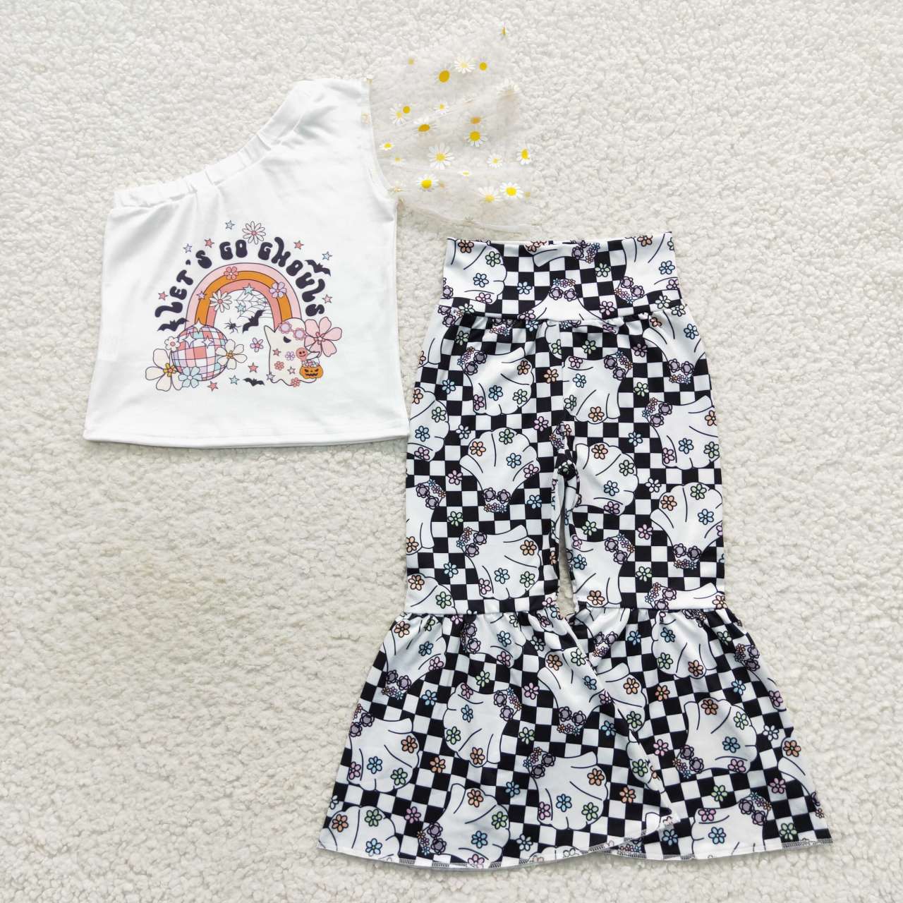 Baby girls one shoulder top Halloween ghost bell bottoms clothes set