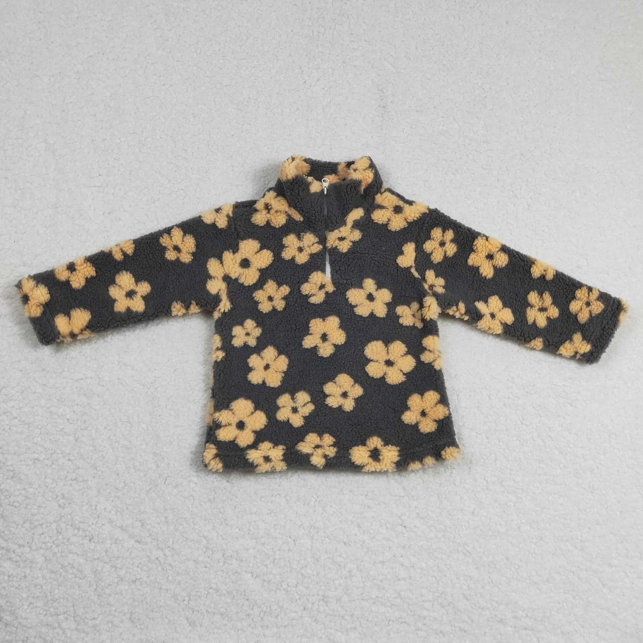 Grey yellow flower Sherpa jacket pullover coat