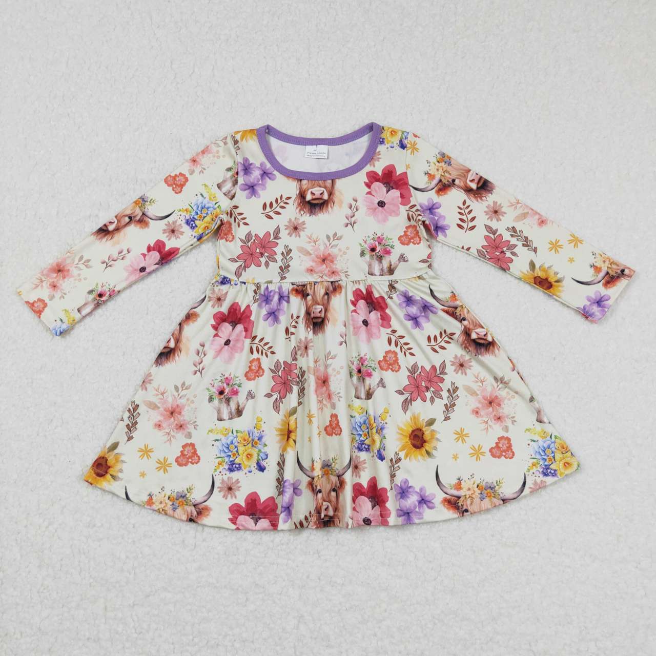 Baby girls floral highland cow dress