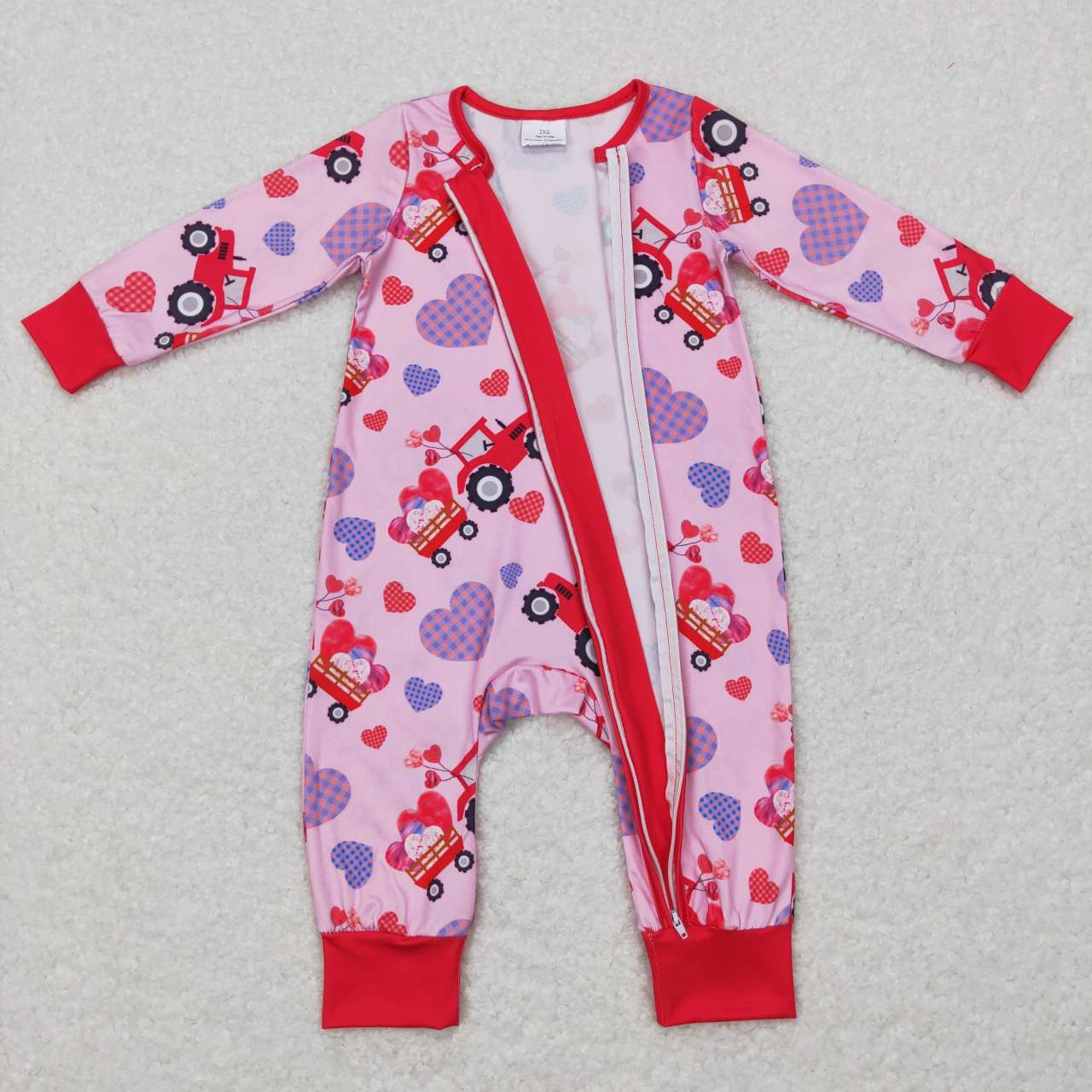 Valentines day tractor zip romper