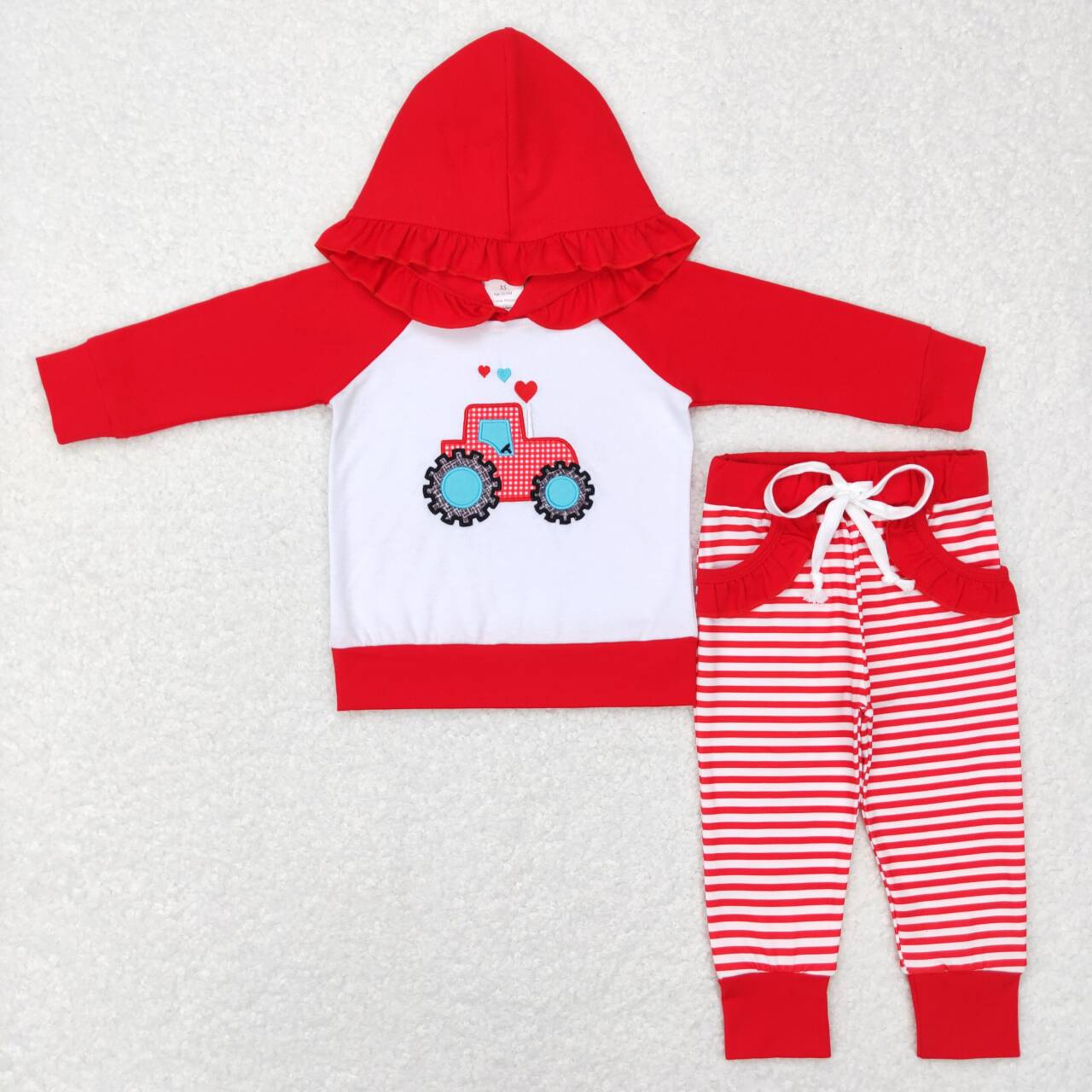 baby girls embroidery farm tractor Valentines day hoodie set