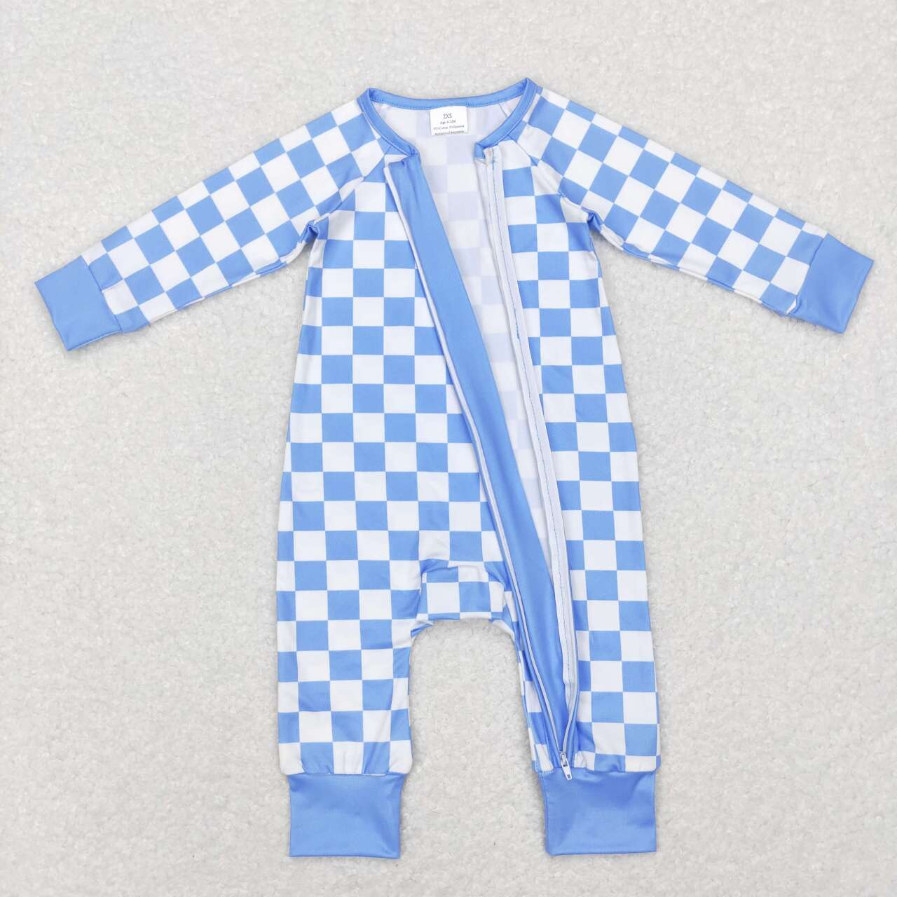 blue white checkered zip romper
