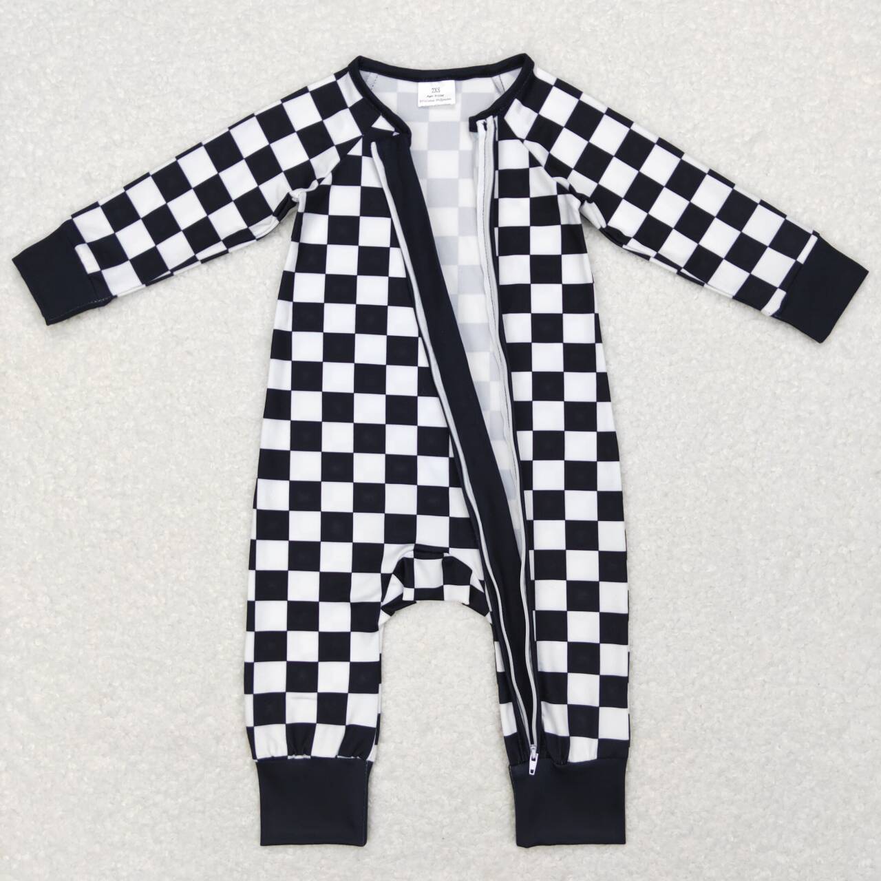 black white checkered zip romper