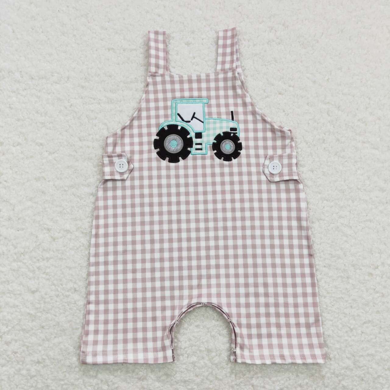 USA SHOP khaki gingham baby boy farm tractor romper
