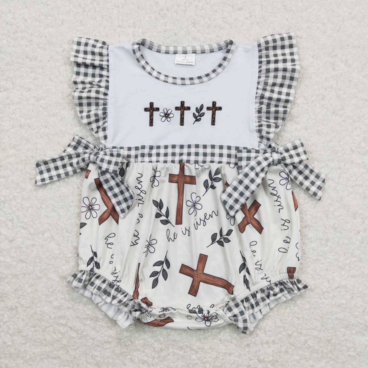 he is risen easter cross embroidery romper