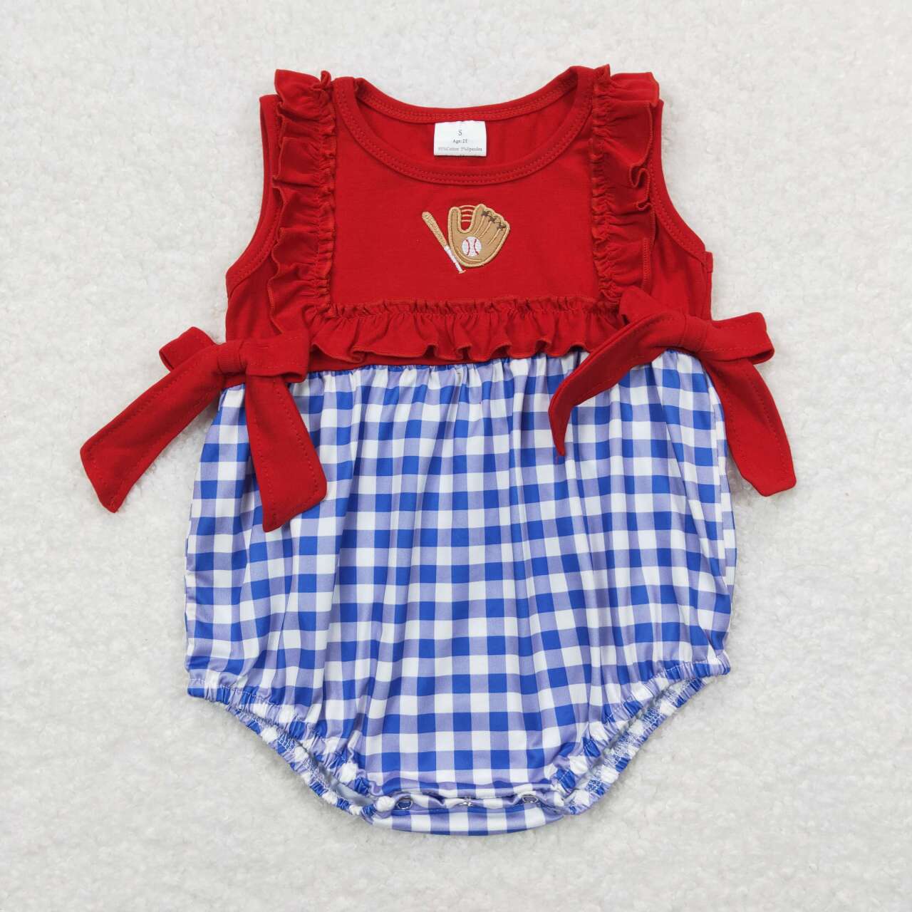 toddle girls embroidery baseball blue gingham romper