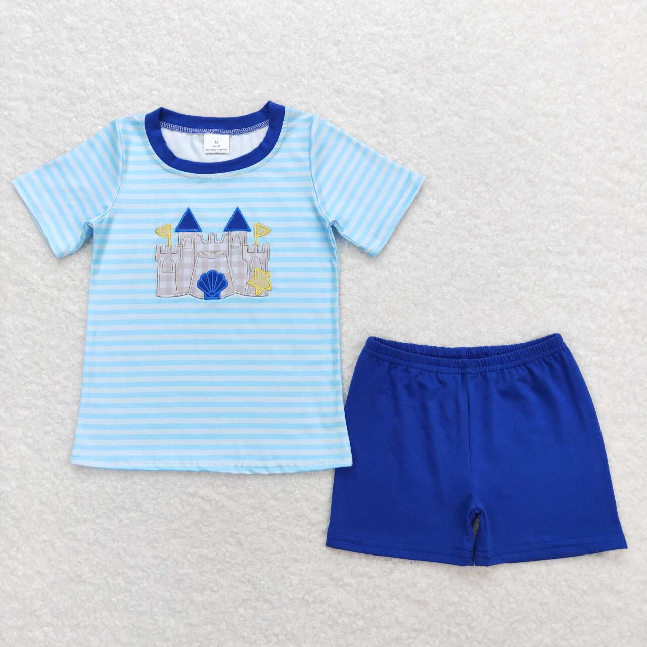 boy blue stripes embroidery castle outfit