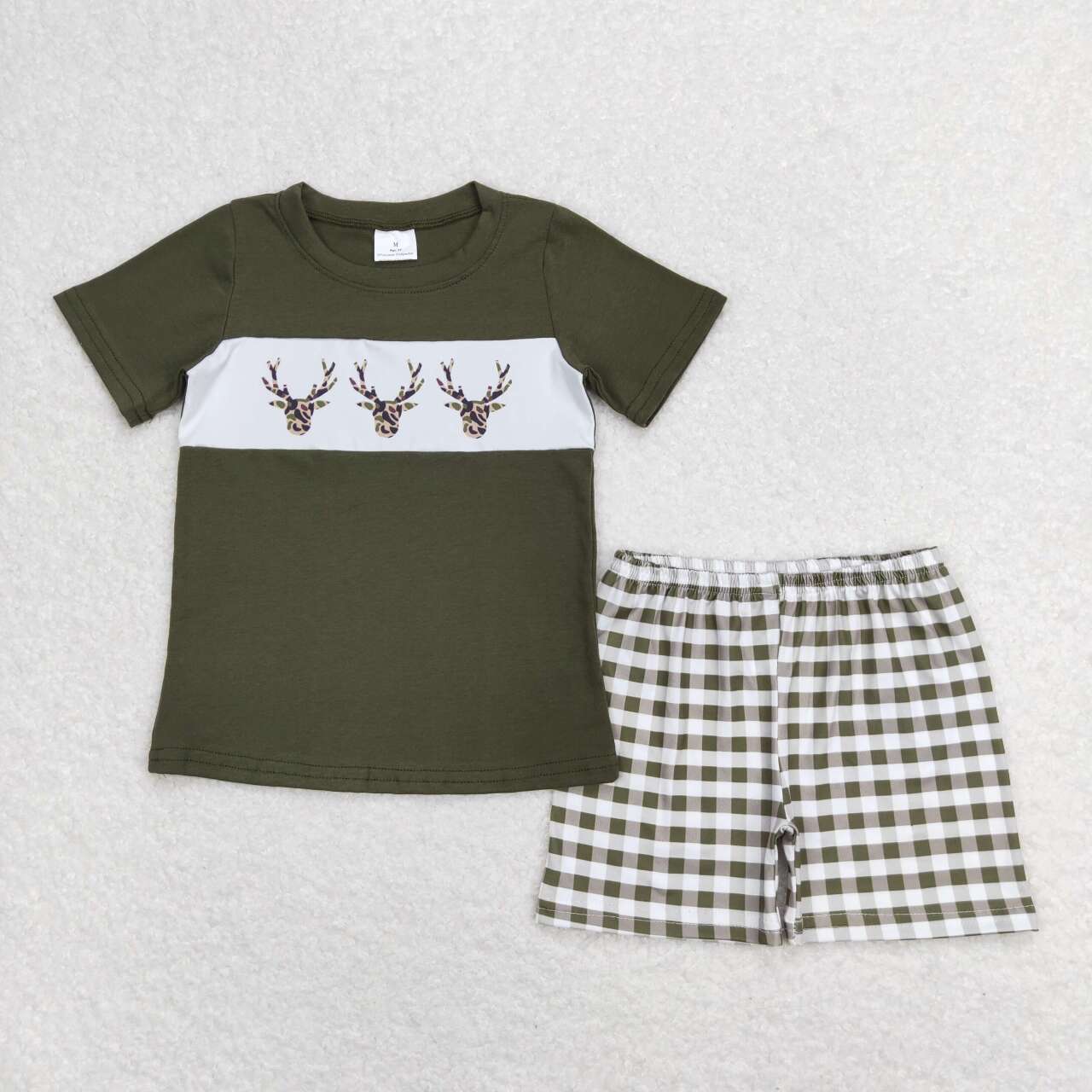 camo reindeer shirt green gingham shorts outfit