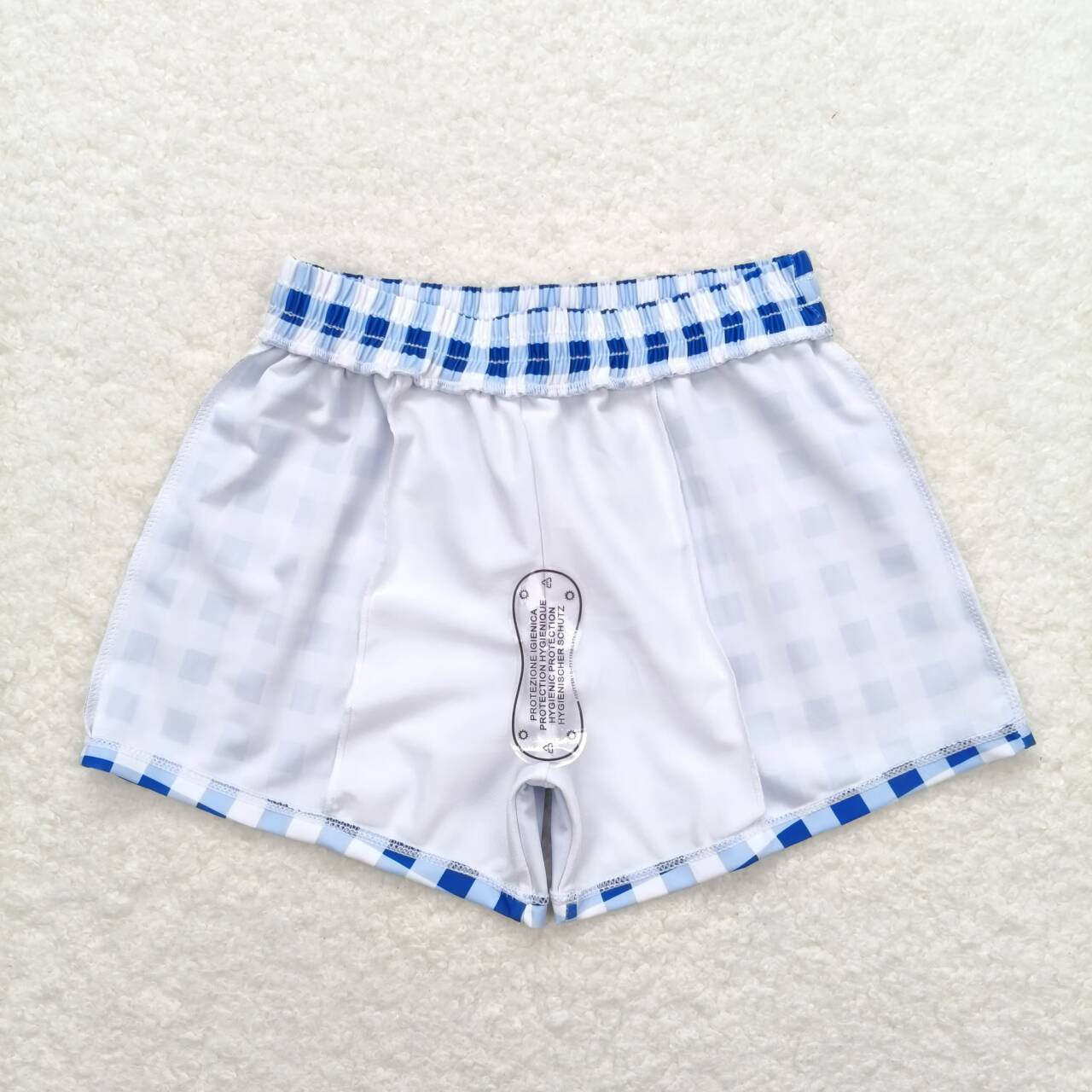 Boy blue checkered swim trunks