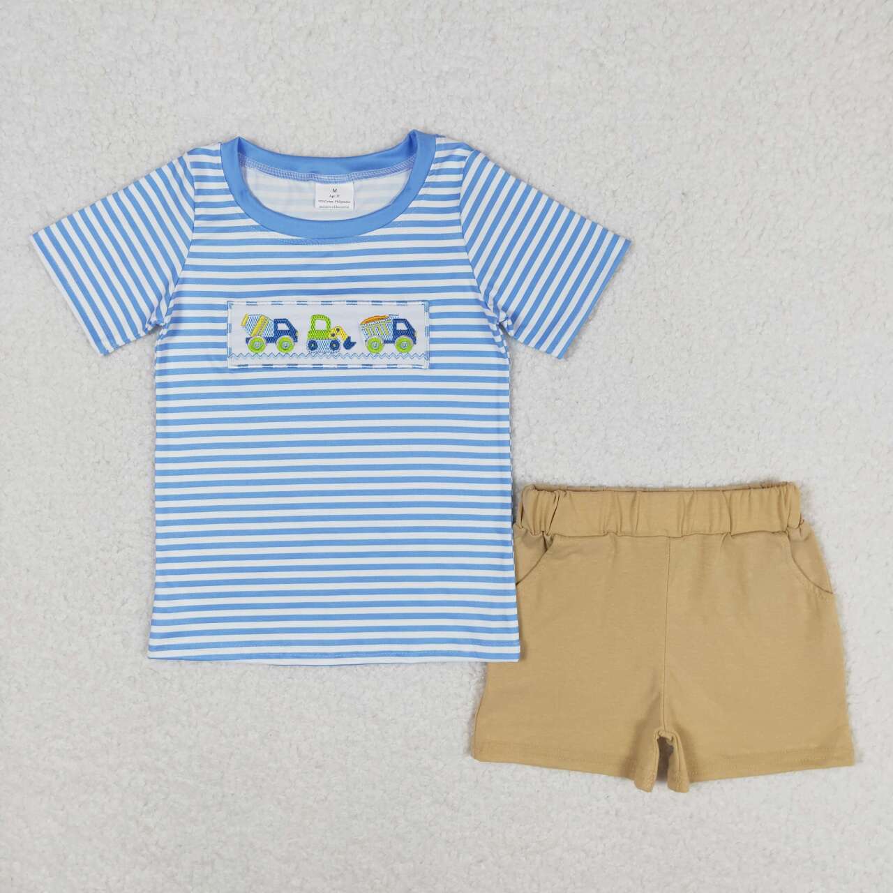 baby boy blue strips embroidery consturction shirt khahi shorts outfit