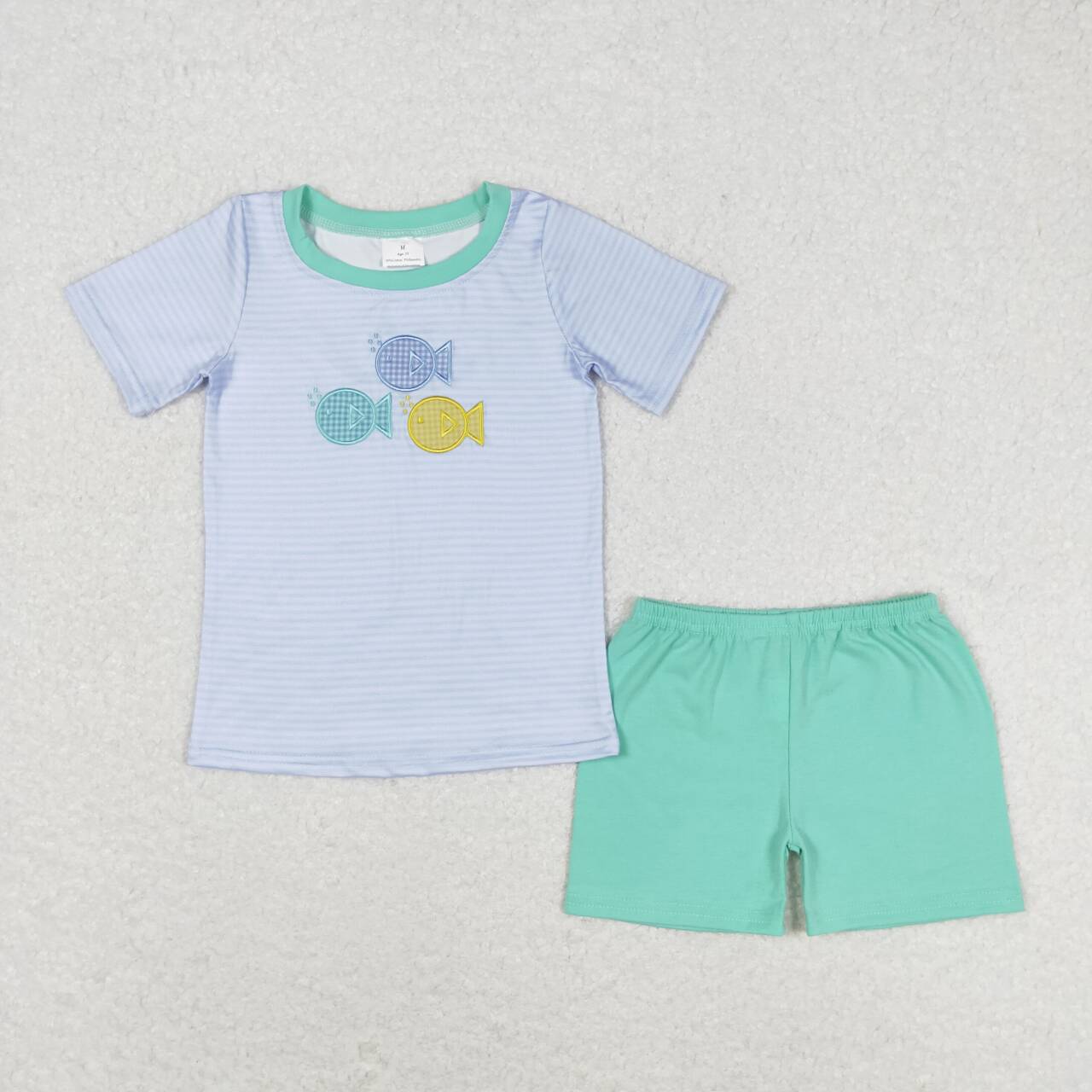 embroidery three fish blue stripes shirt matching shorts outfit