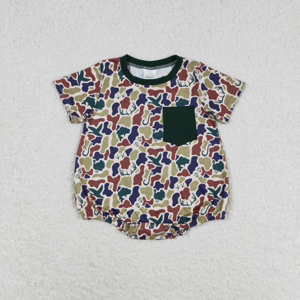 mallard duck green camo pocket romper
