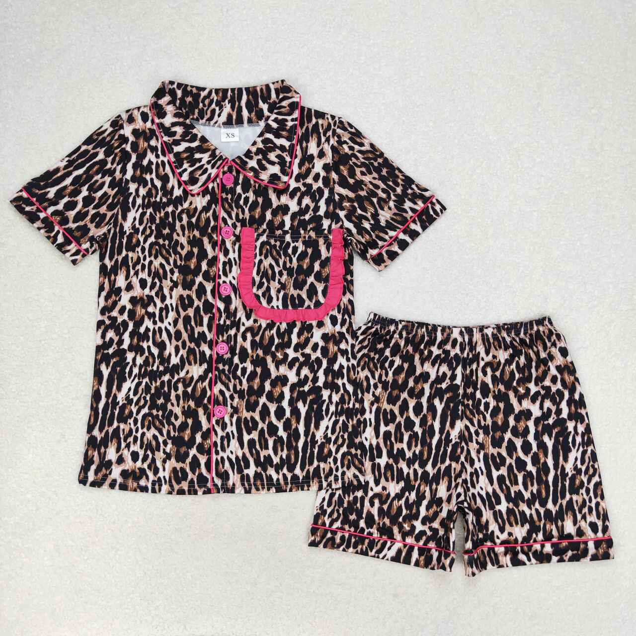 Adult women cheetah leopard short sleeve button down pajama set