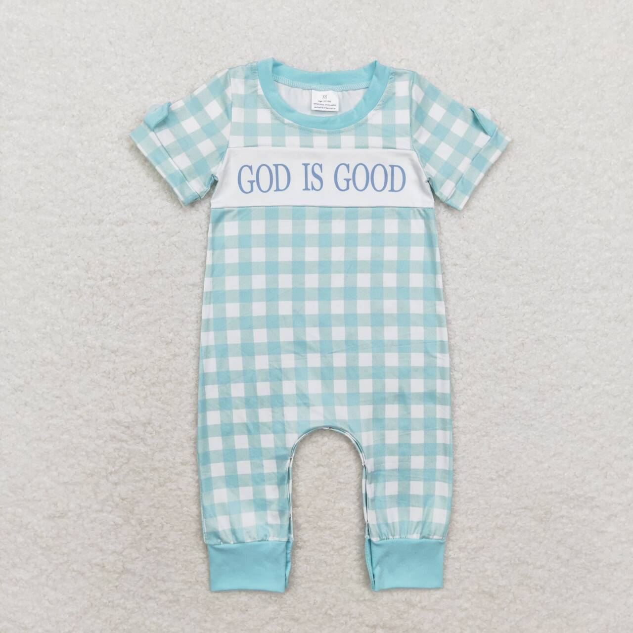 God is good blue plaid boutique romper
