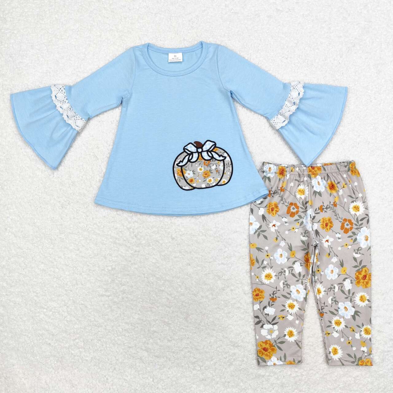 Wholesale kids girls blue floral embroidery pumpkin top matching pants clothes