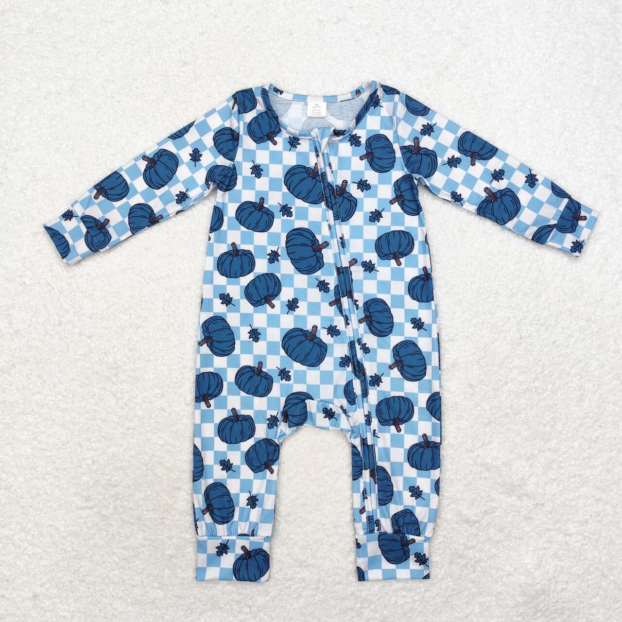 Toddle baby girls blue pumpkin checkered bamboo zip romper
