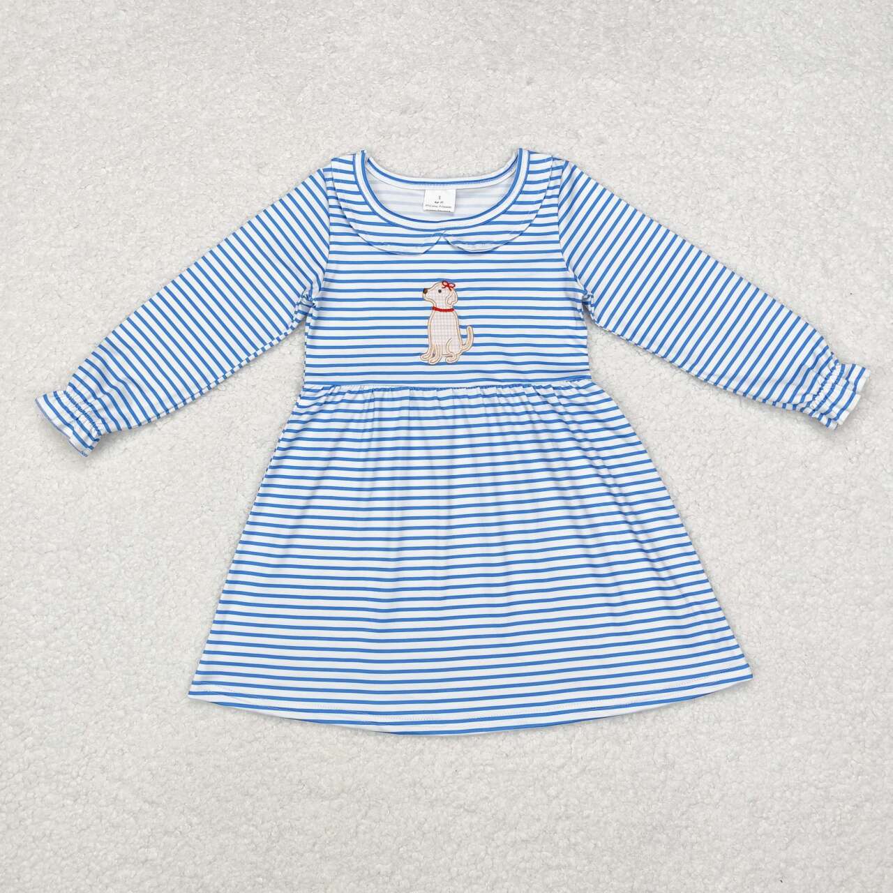 embroidery cute dog blue stripes long sleeve fall winter dress – aierwhoesalekidsclothes