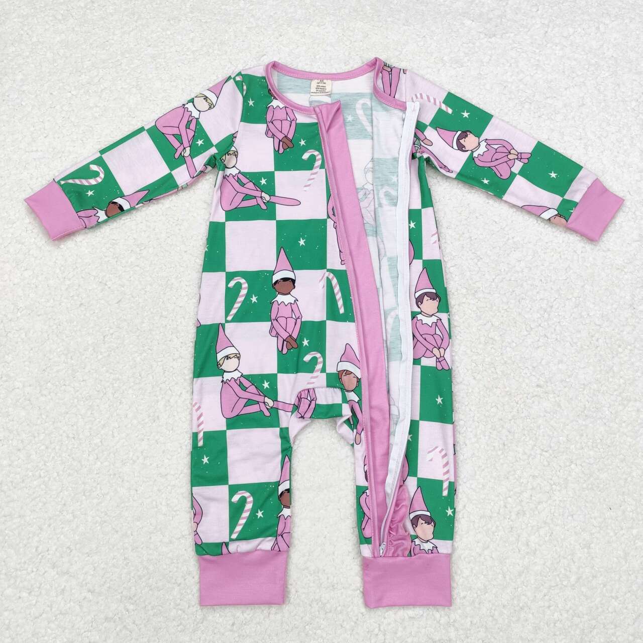 Baby girl Christmas design pink checkered bamboo zip romper