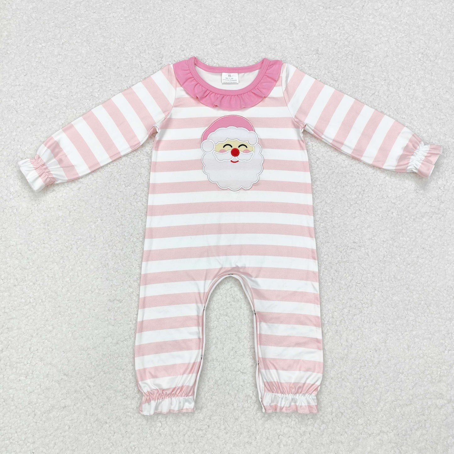 Embroidery Christmas Santa Claus pink stripes long sleeve romper
