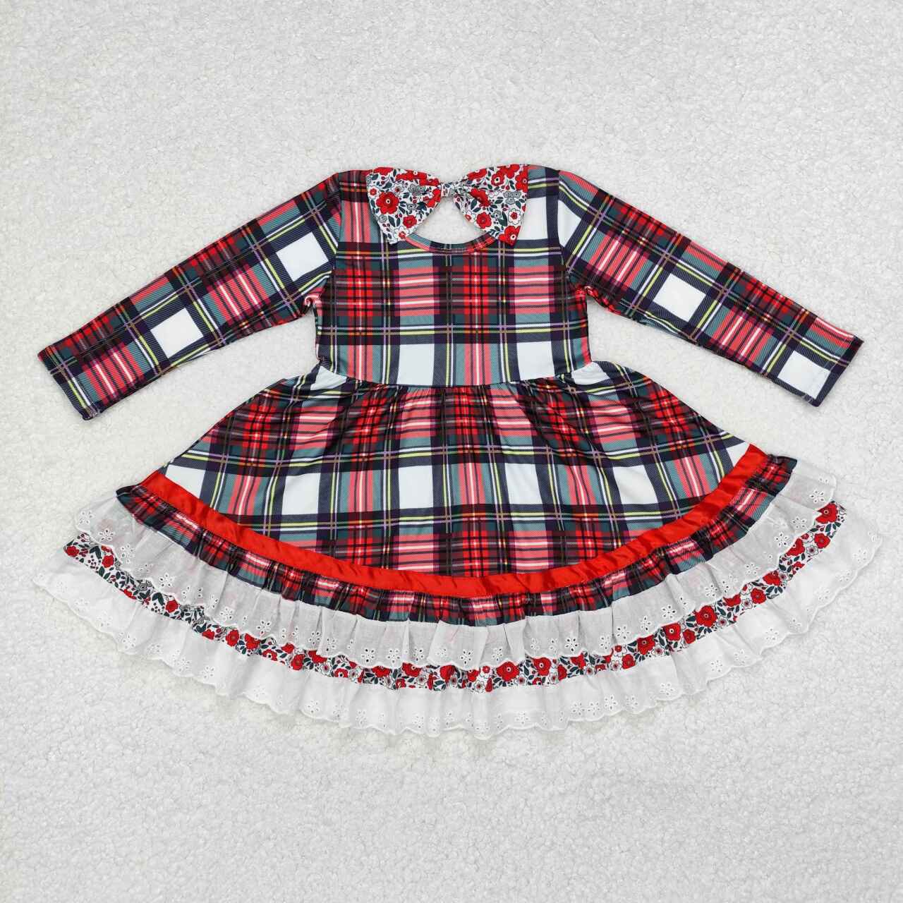 Wholesale Christmas red black plaid girls long sleeve dress