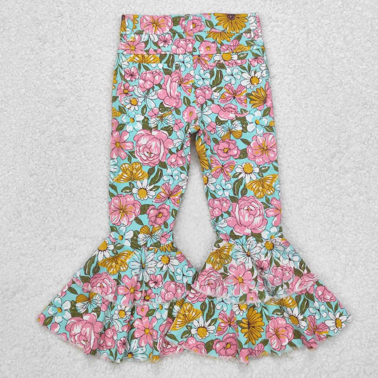 Infant baby girls wholesale flower print jeans bell bottoms factory price