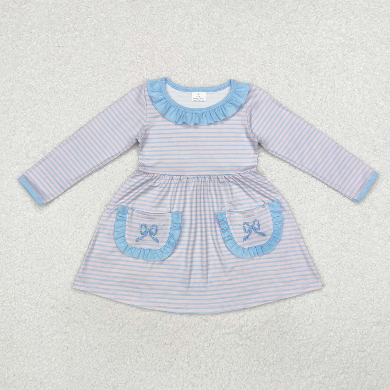Embrodiery bow stripes baby girls long sleeve pocket dress