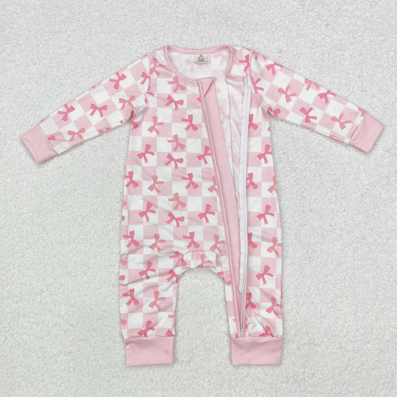 Toddle baby girls pink checkered bow bamboo zip romper