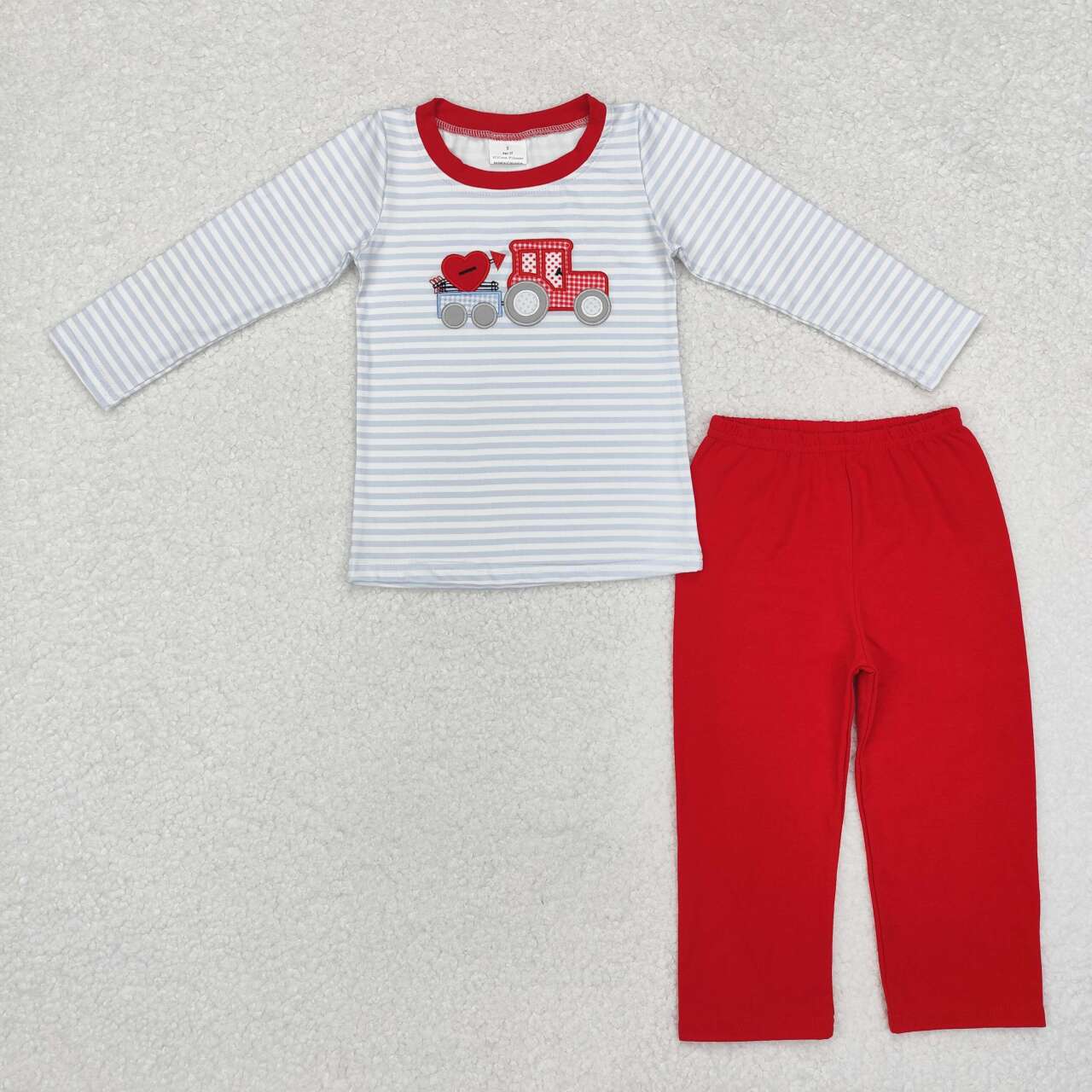 Toddle baby boy Valentines embroidery heart truck grey stripes matching clothing