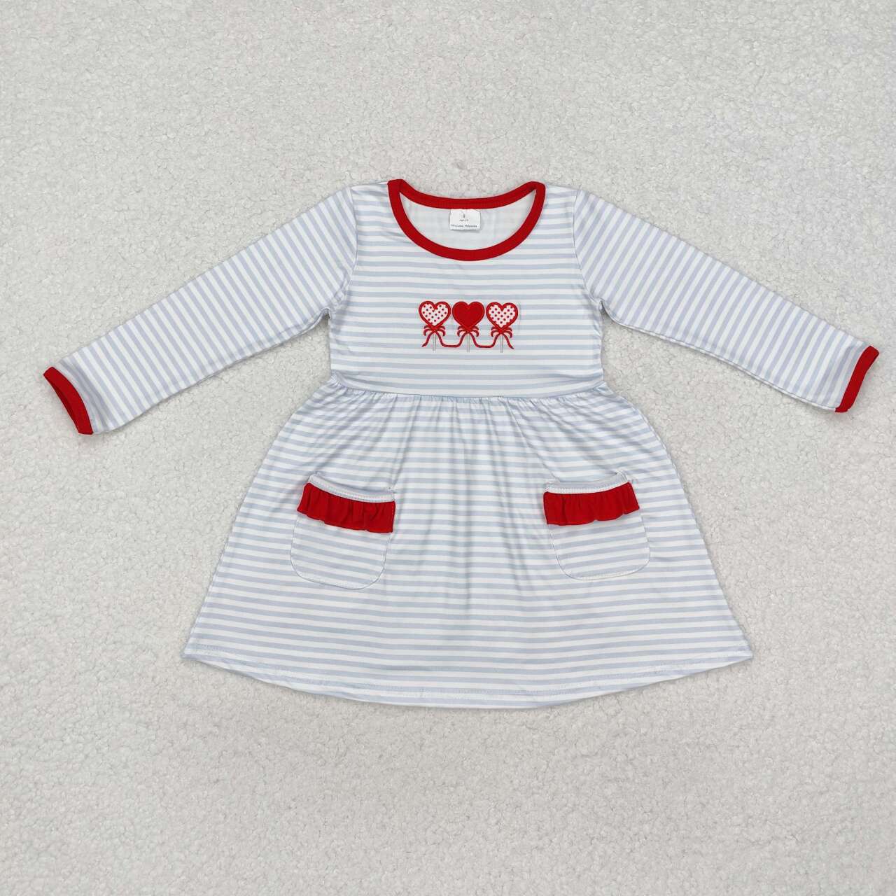 Valentines embroidery heart grey stripes long sleeve dress