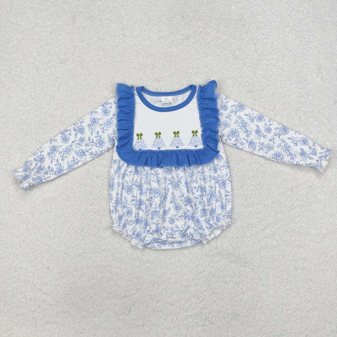 infant baby girl christmas tree blue floral romper