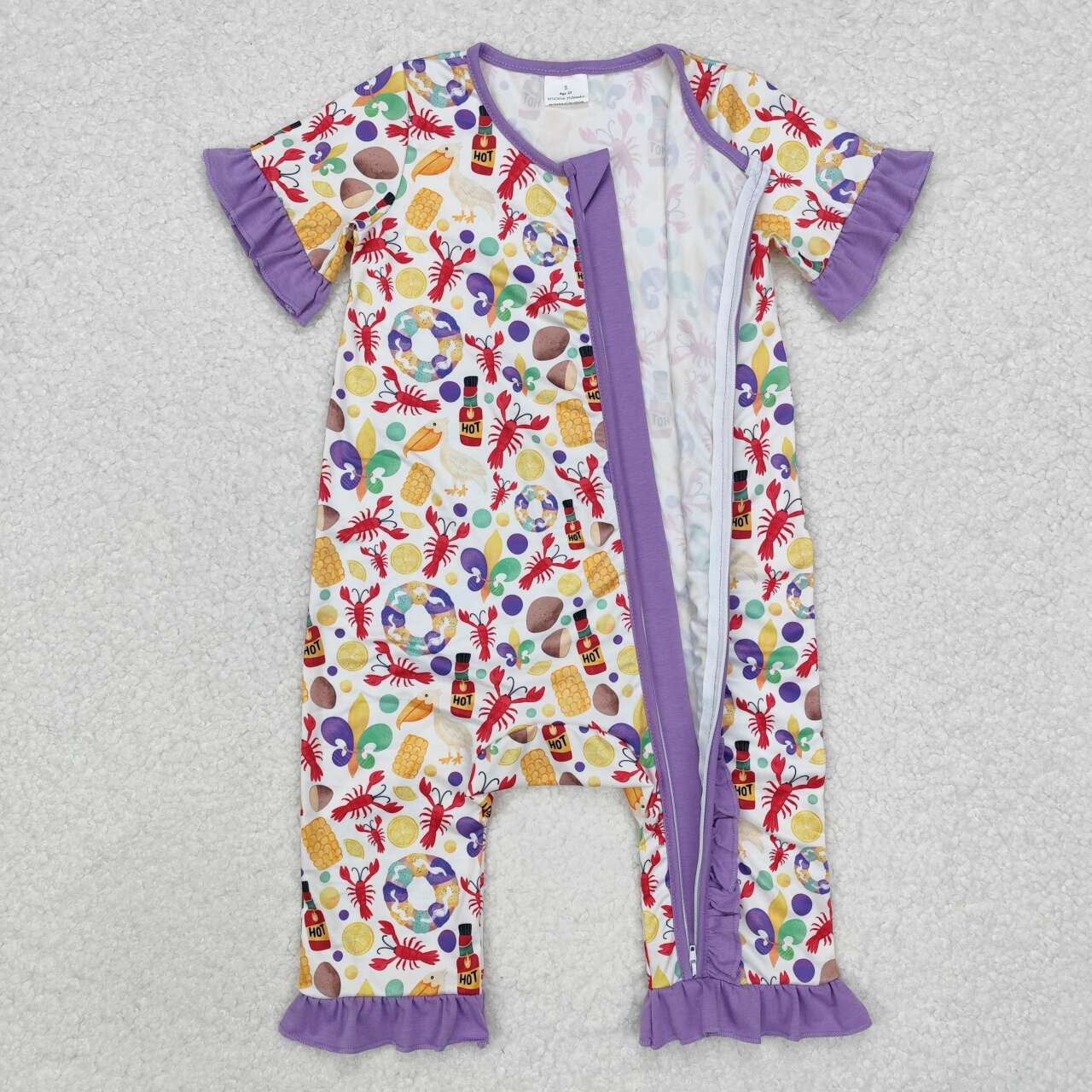 Toddle baby Mardi Gras crawfish corn zip romper