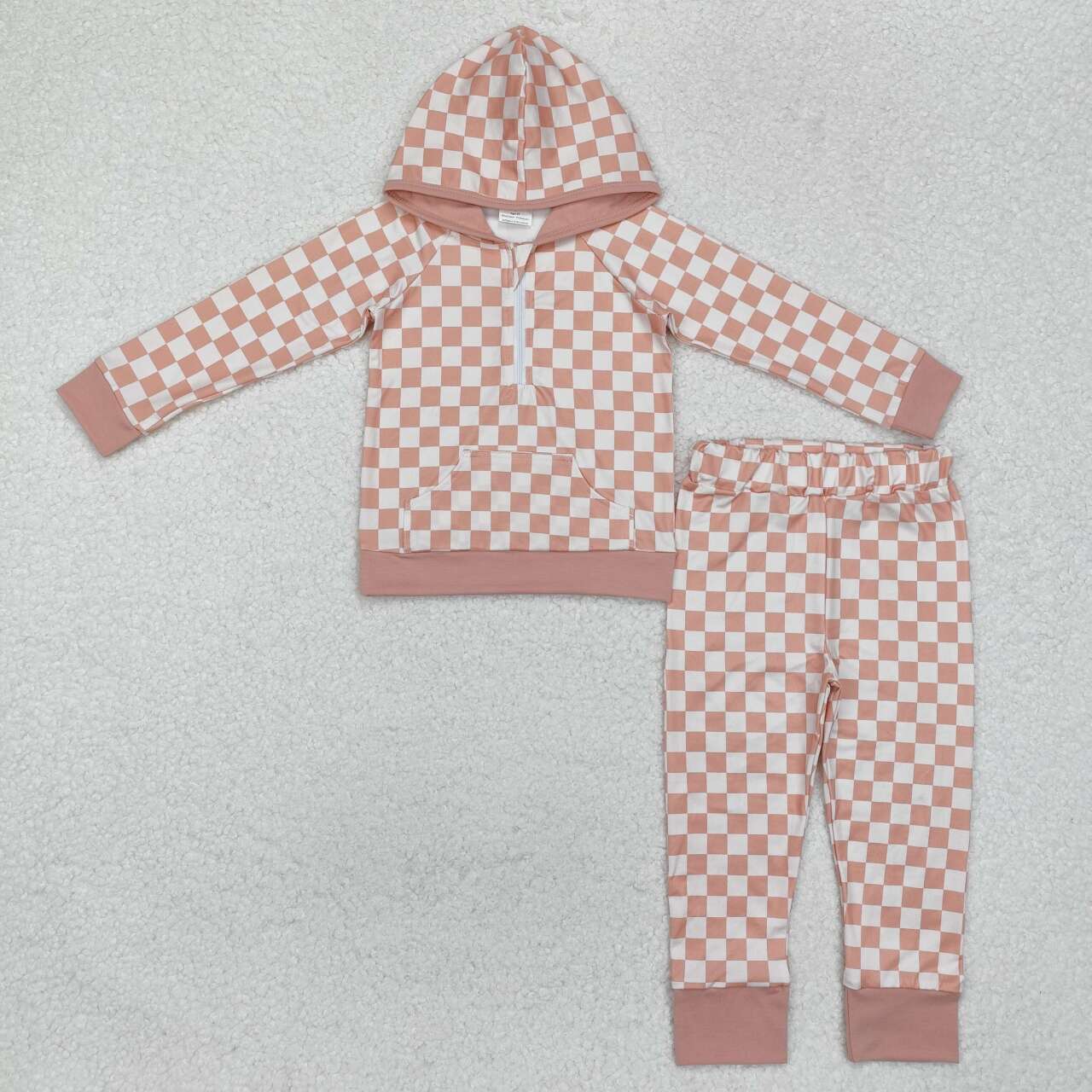 Pink Checkered Baby Girl Long Sleeve Matching Hoodie Set