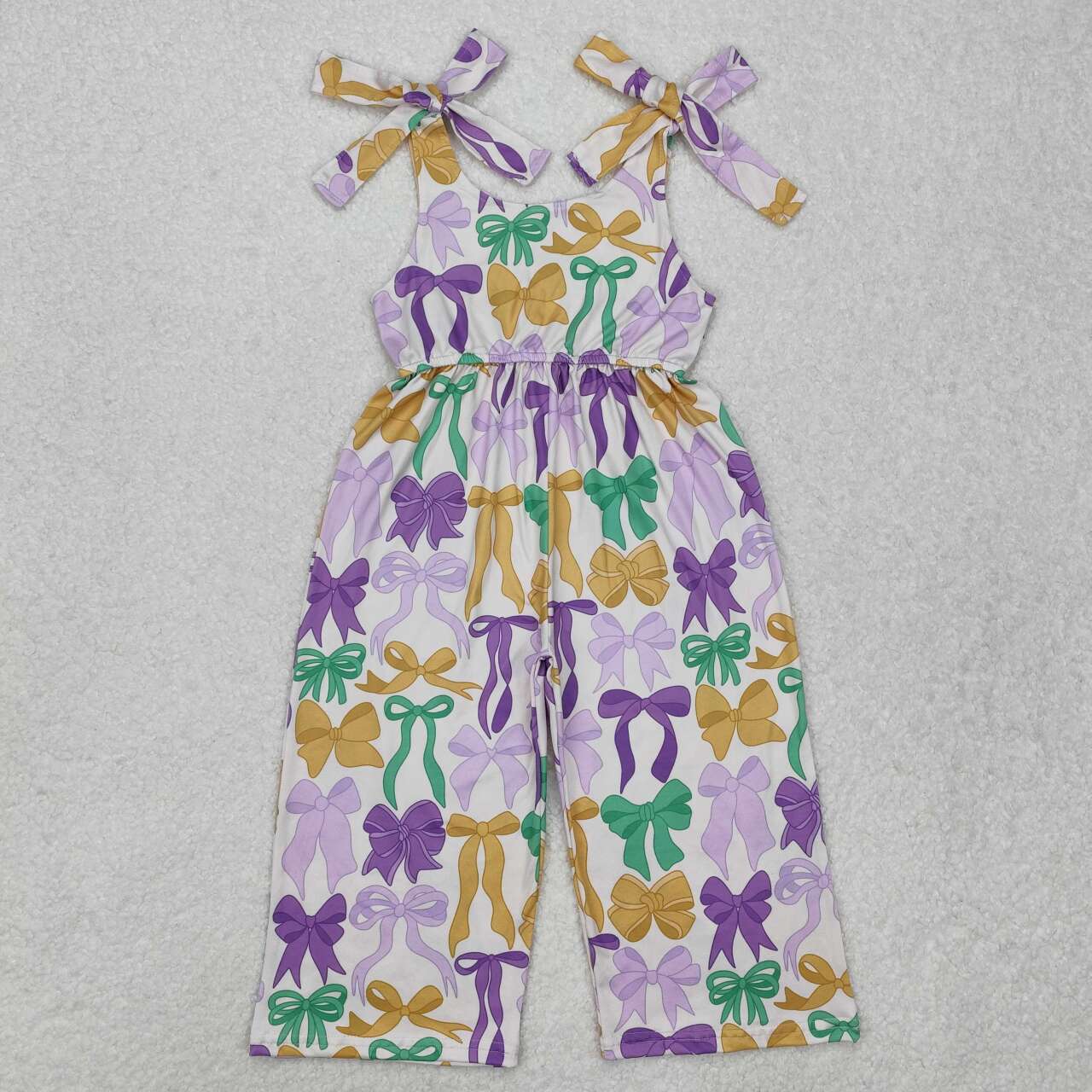 Toddle baby girl Mardi Gras bow summer jumpsuit
