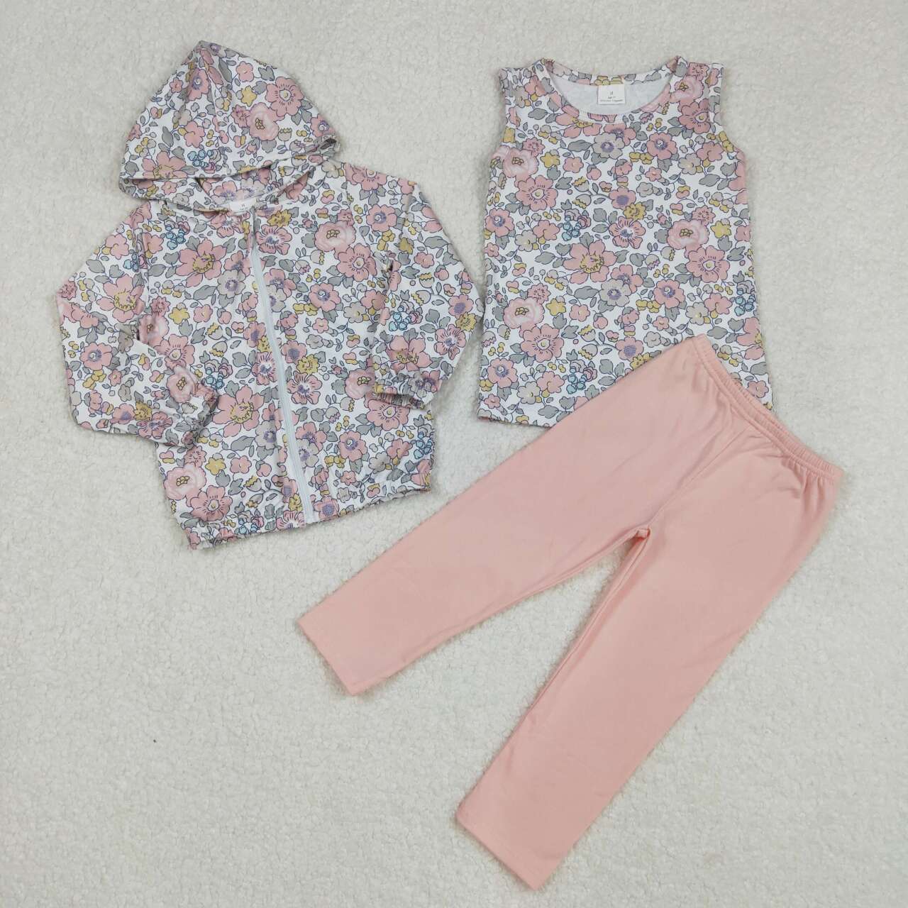 Pink flower tank top matching pants hoodie top 3pcs clothing set