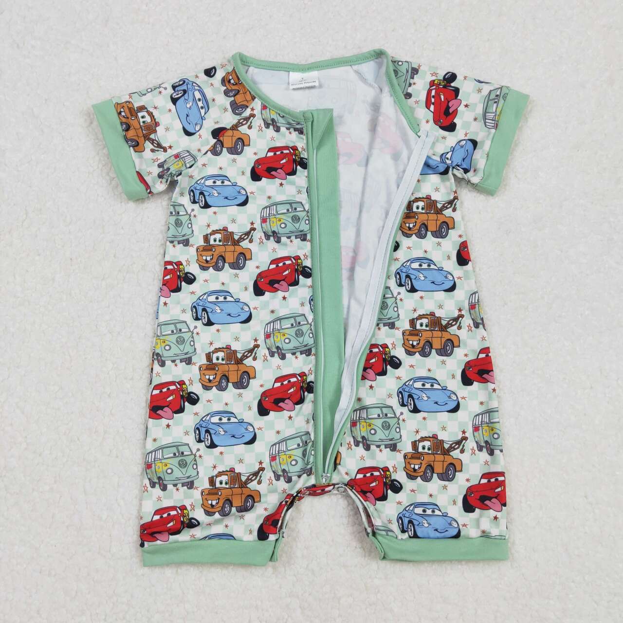 Cartoon car green checkered baby boy zip romper