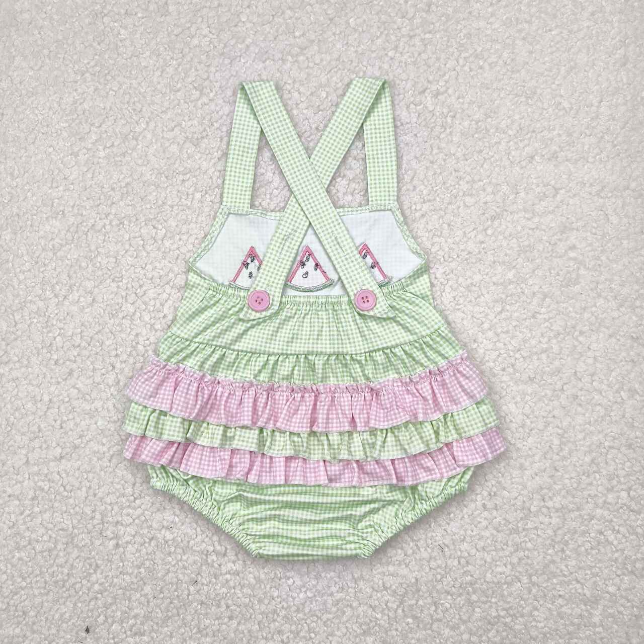 Toddle baby girl green plaid embroidery watermelon romper
