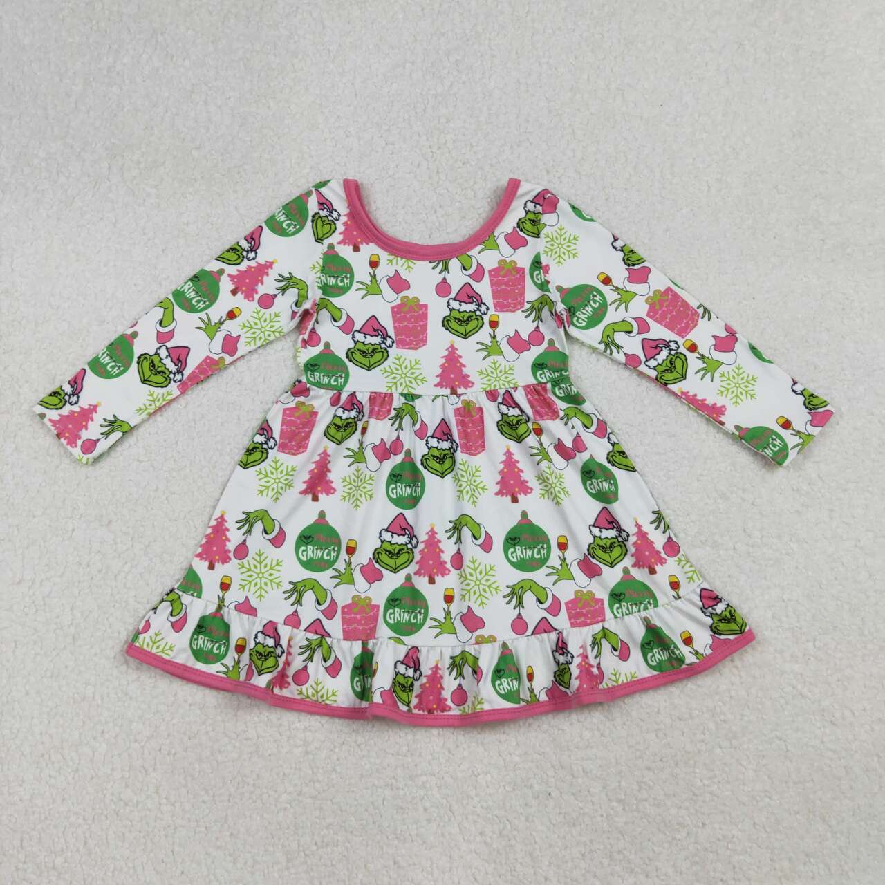 Christmas green face design girls long sleeve dress