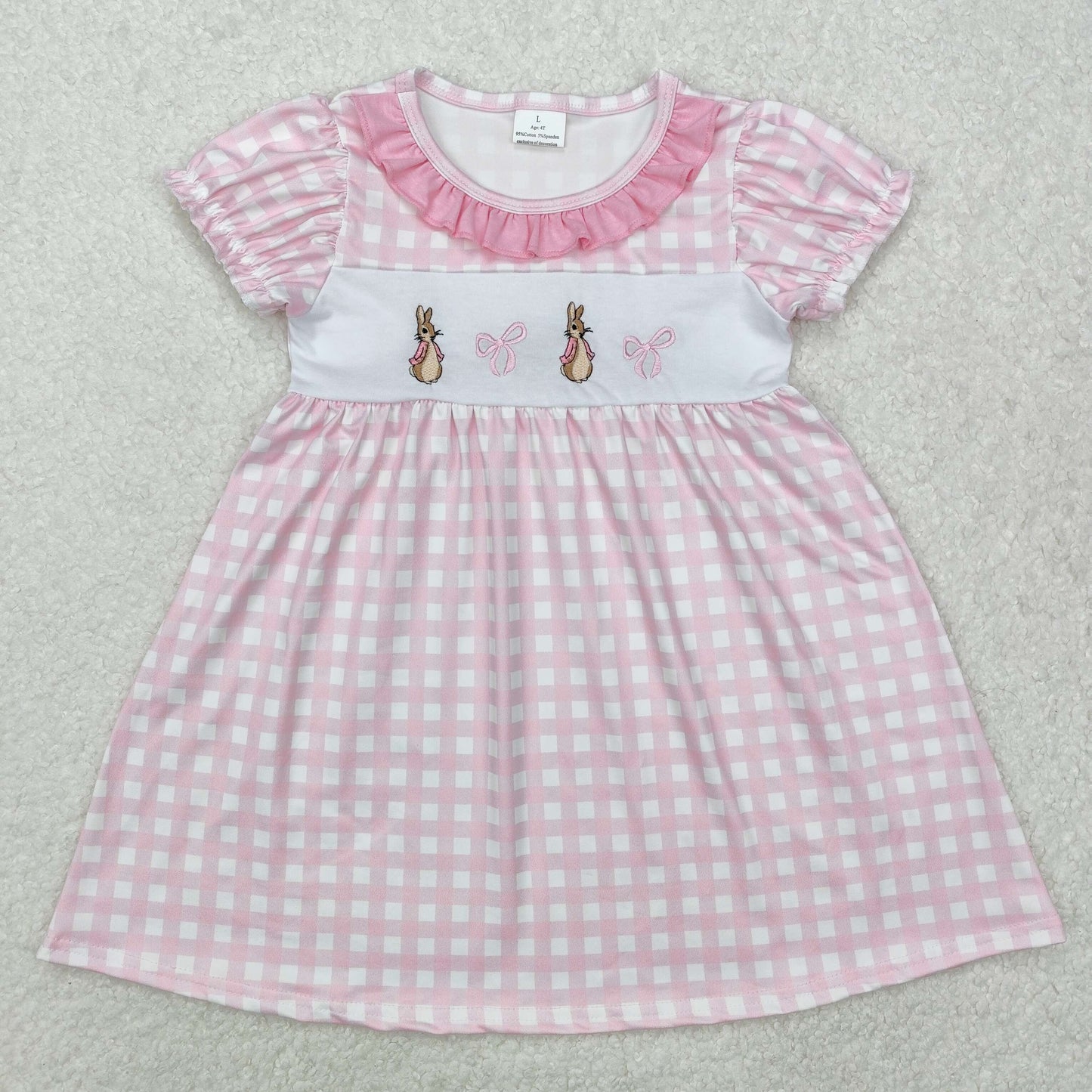 Embroidery Easter bunny bow print pink pliad girls dress