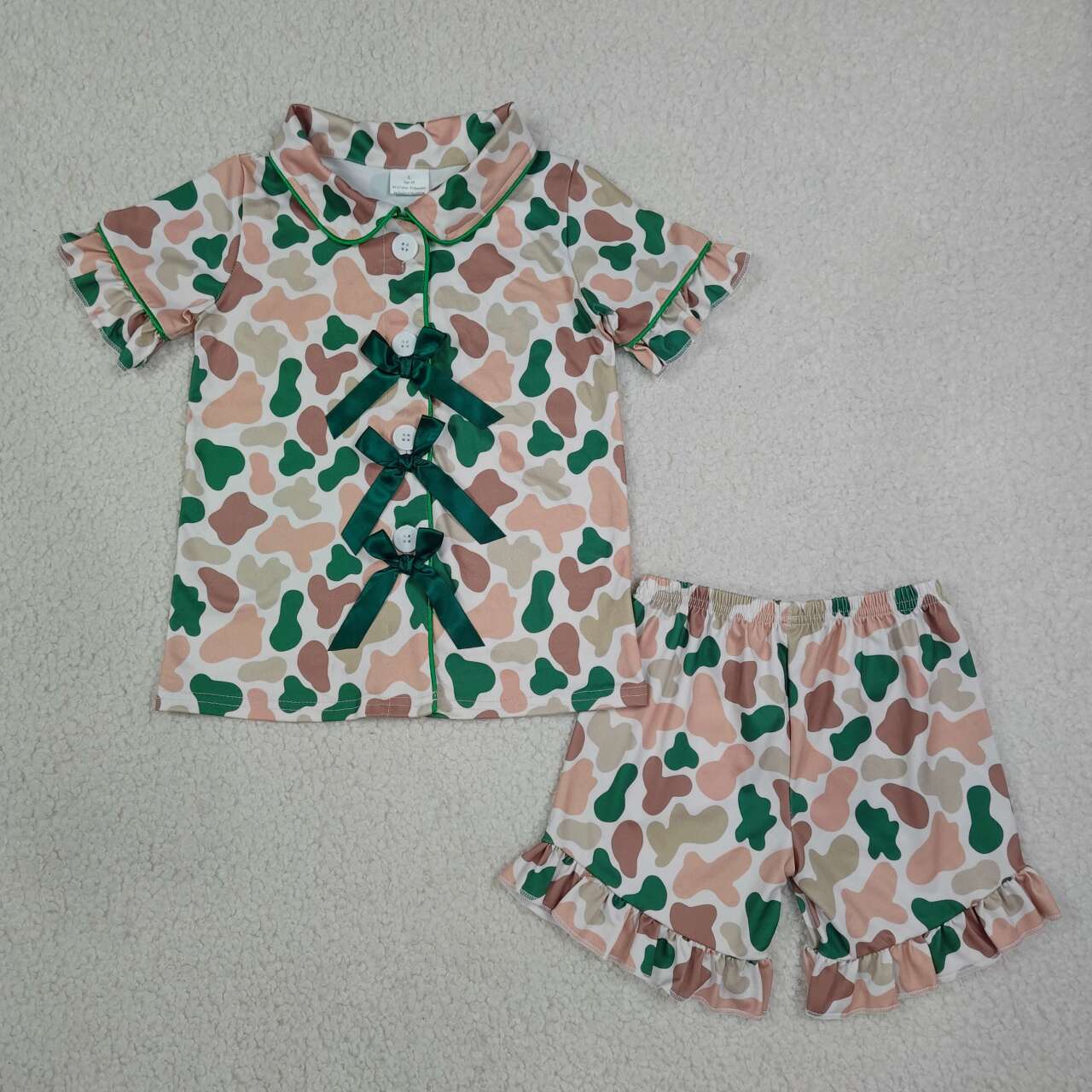 Green brown camo top matching shorts girls pajama set