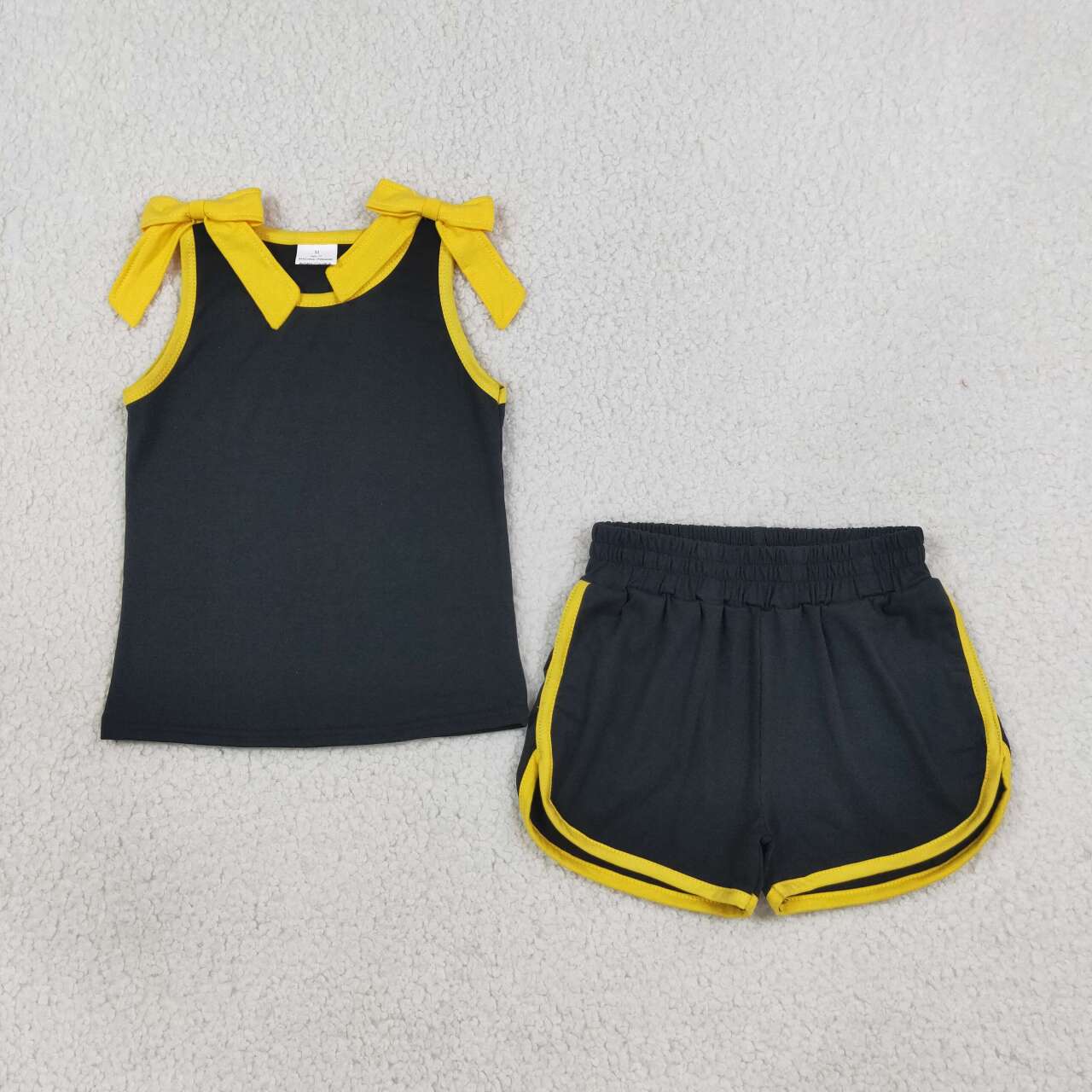 Black gold bow top matching shorts girls summer outfit