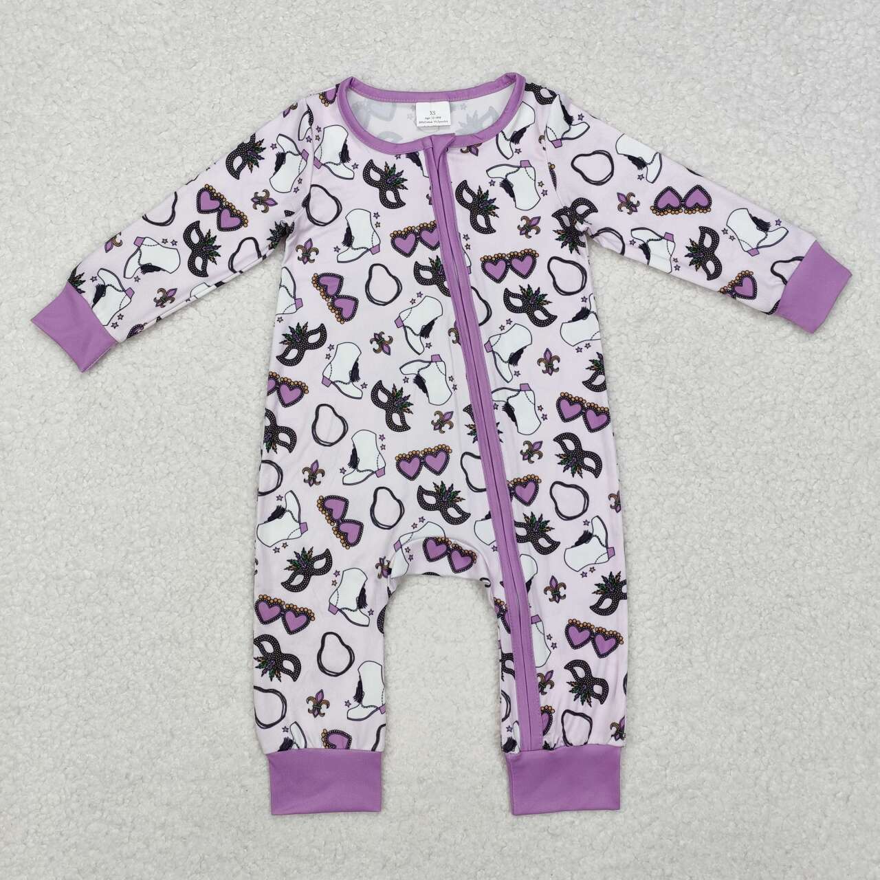 Infant baby boy Mardi Gras mask long sleeve zip romper