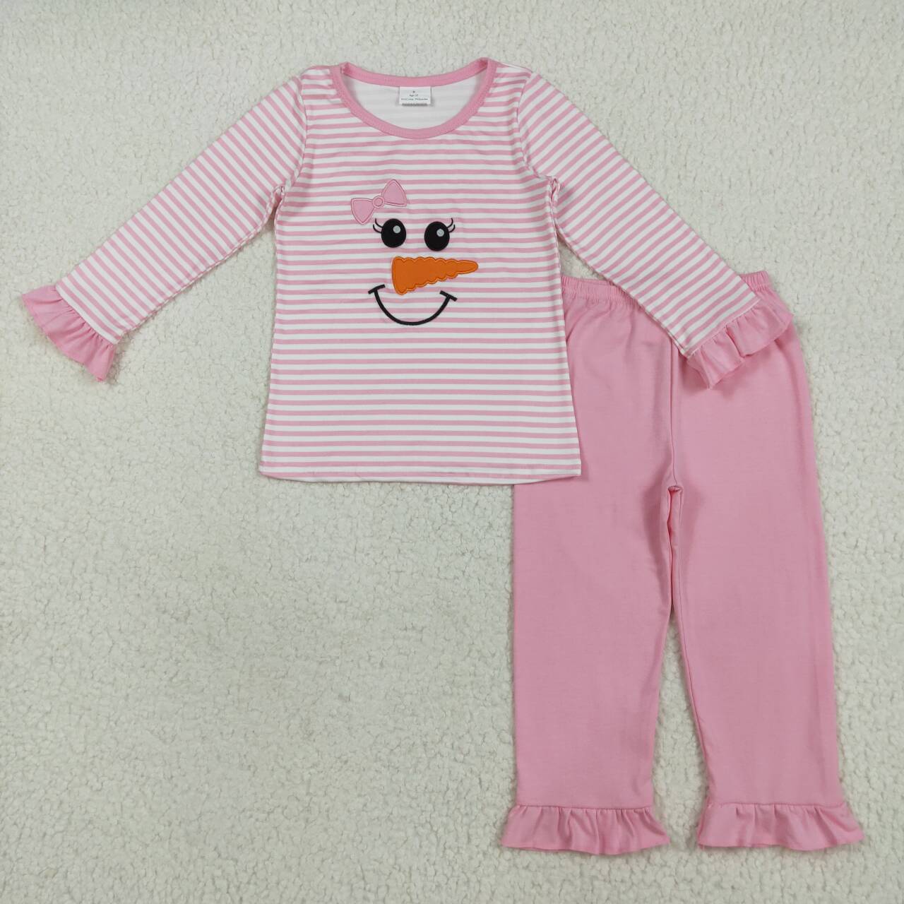 Embroidery Christmas snowman girl long sleeve pajama set clothes