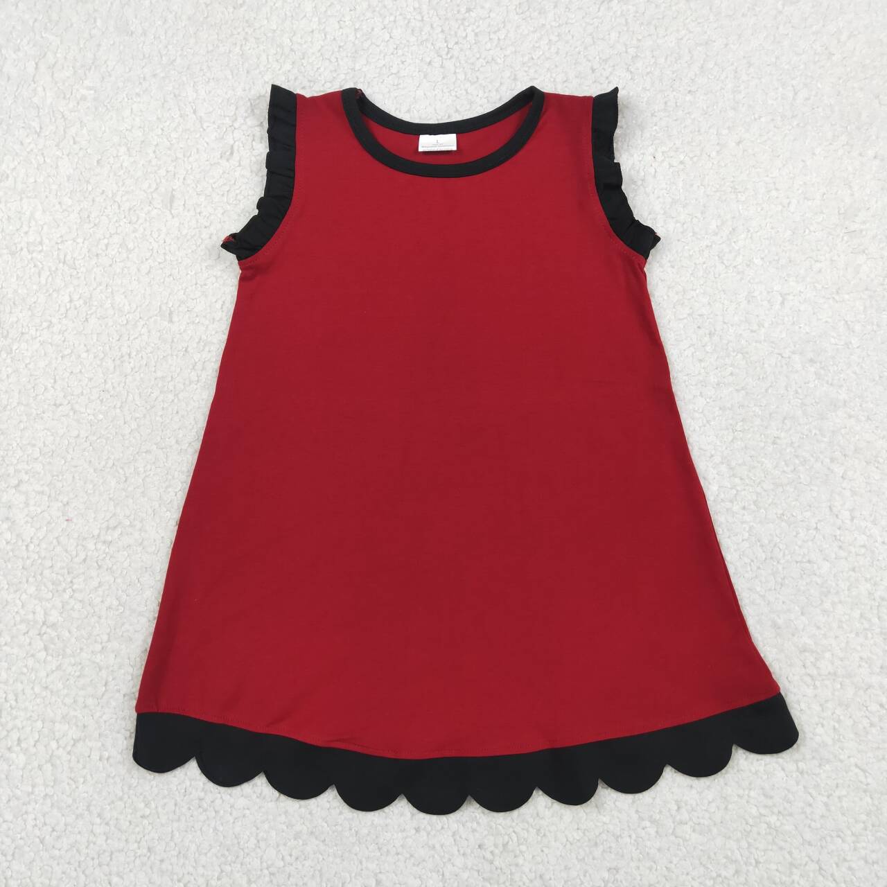 Wine Red color black ruffle girls summer dress