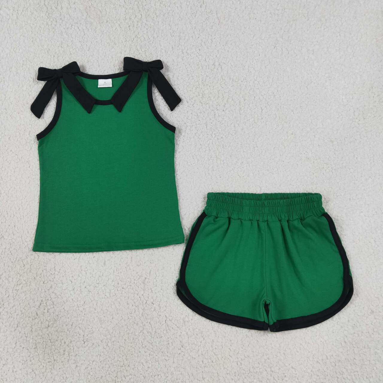 Green black bow top matching shorts girls summer outfit
