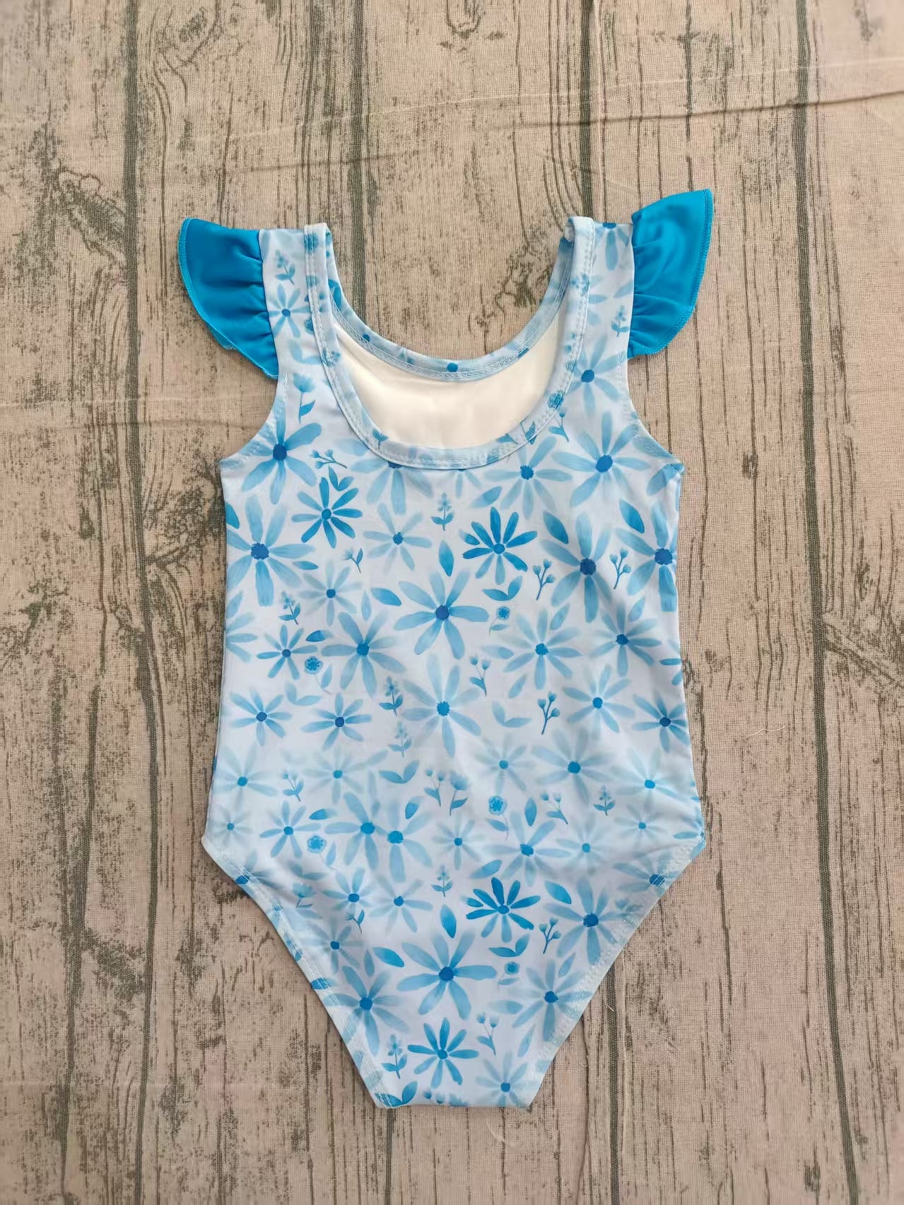 Baby girls one piece blue flower bathing suit kids swimwear preorder