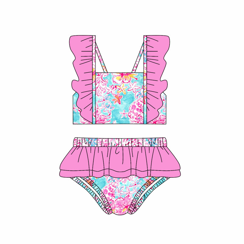 Baby girls two piece hot pink floral bathing suit kids swimwear preorder